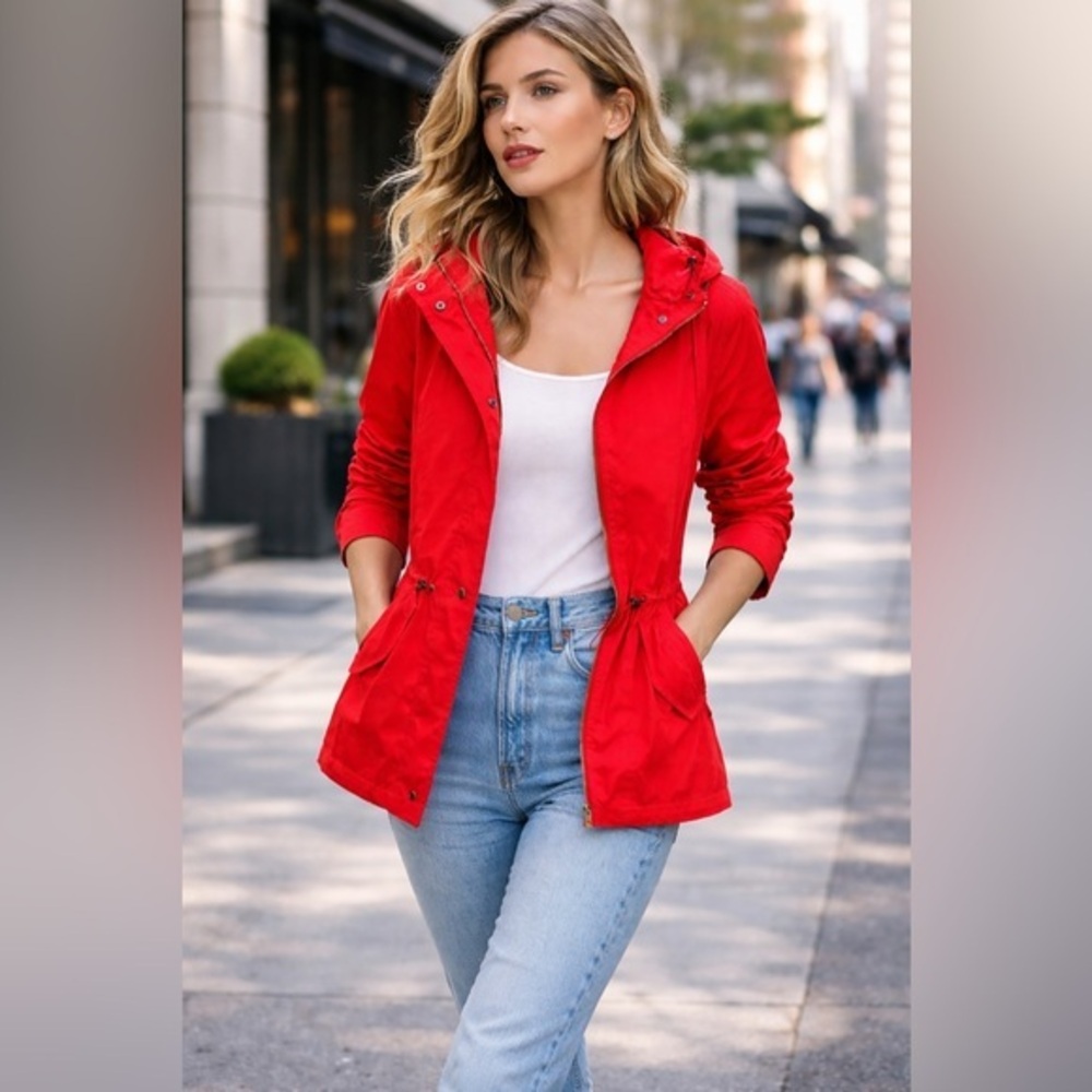 Coach Red Utility Anorak Jacket Hooded Lightweight Designer Leather Trim Size S